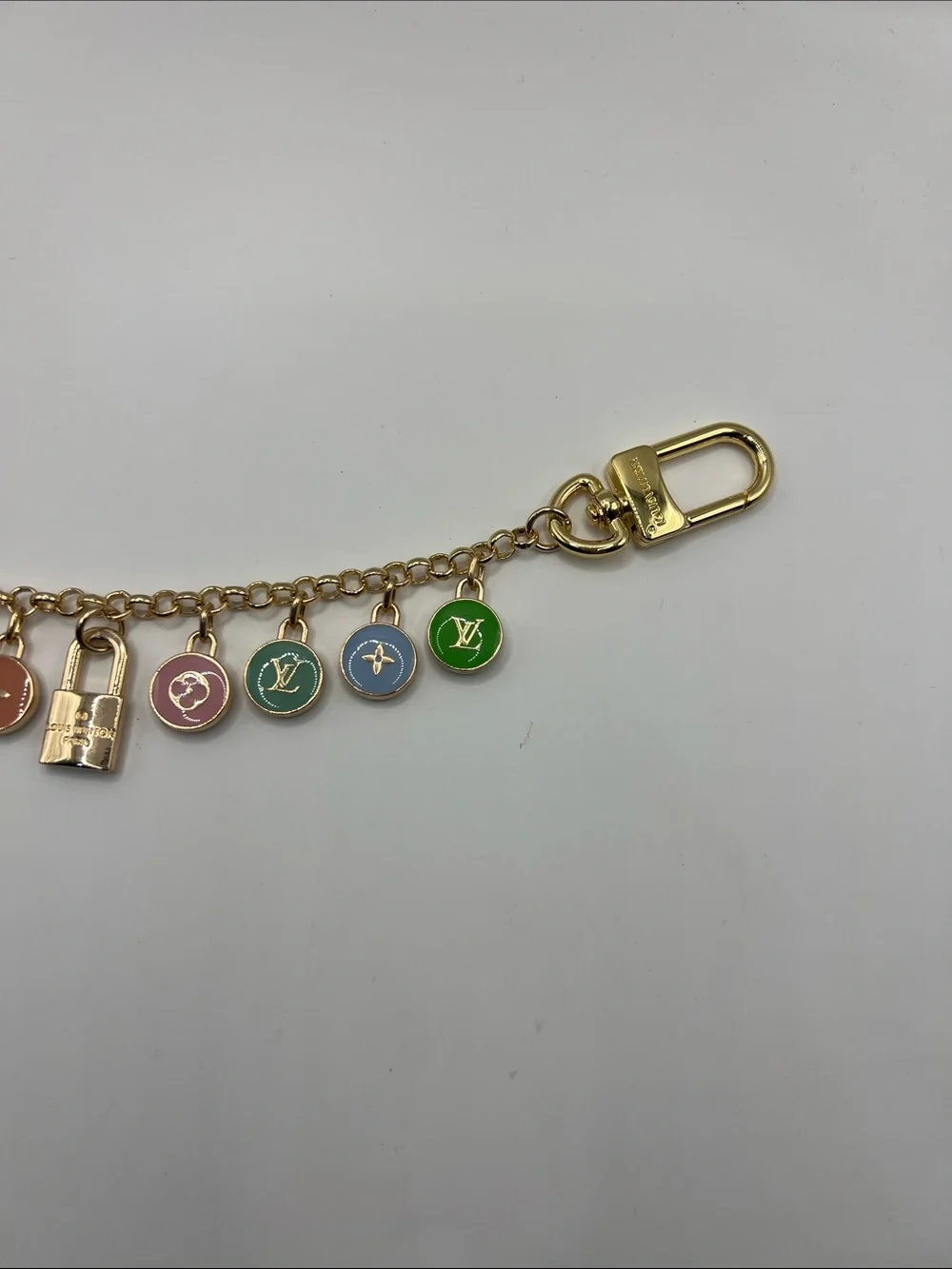 1402. Gold-Tone Multicolor Pastel Enamel Charm Bag Chain 10”
